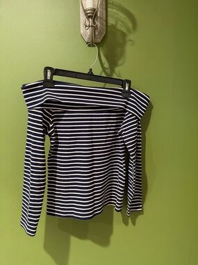 I Crew Navy&  White Striped Off-Shoulder Long Sleeve Top, NWOT